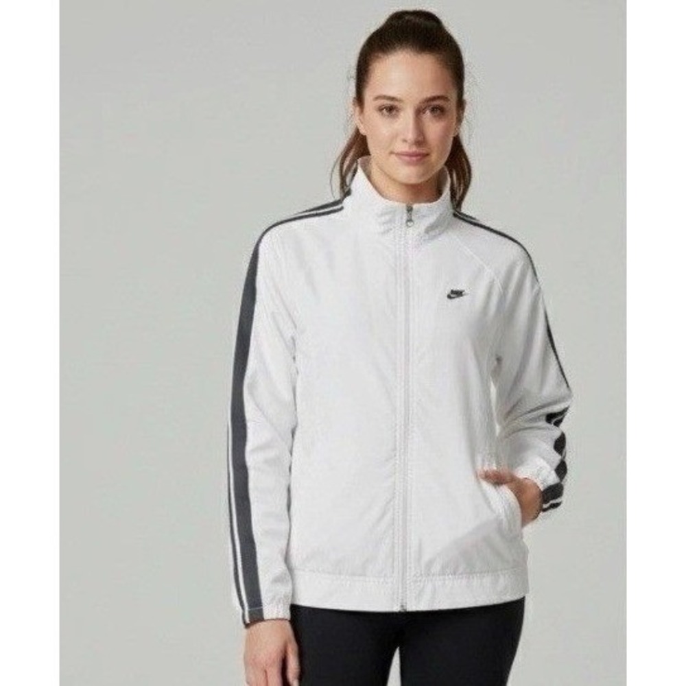 Nike Women Full Zip Track Jacket Medium White Black Side Stripe Athletic